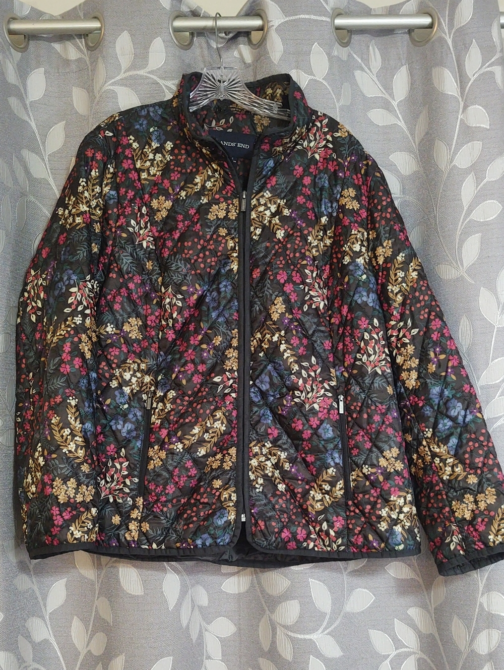 Lands' End Black Quilted Floral Puffer Jacket size 2X